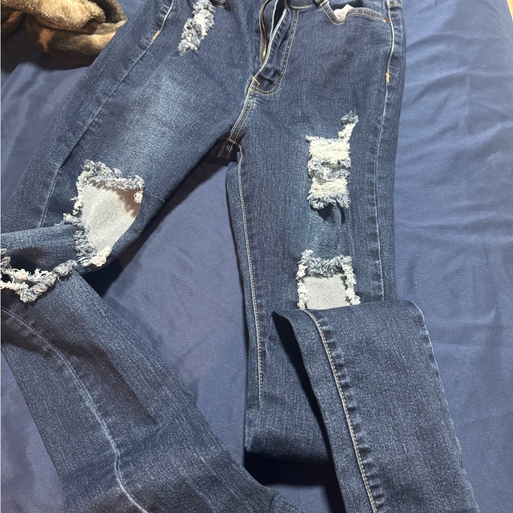 Fashion Nova Dark Blue Distressed Skinny Jeans